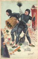 Boldog Újévet! / New Year greeting card. Chimney sweepers on the roof. 2275. litho (kis szakadás / small tear)