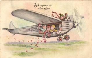 Sok szerencsét névnapjára! / Name day greeting card, kids in an airplane. EAS 6485. (EK)