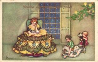 Boldog karácsonyi ünnepeket! / Italian christmas greeting art postcard, children with lady. Degami 3. s: Busi