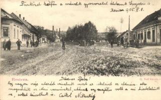 Resica, Resita; utcakép háttérben gyárkéményekkel / street view with factory chimneys in the background