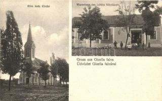 Gizellafalva, Ghizela; Római katolikus templom, Schütz Nikolaus üzlete / Kirche, Warenhaus / church, shops