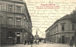 Nagybecskerek, Velky Beckerek, Zrenjanin; Jókai utca, református templom, Rósa Ignátz és Kertész A. üzlete / street view with Calvinist church and schops