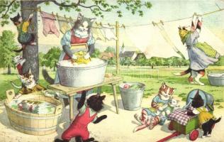 Cats doing the laundry. Alfred Mainzer, Max Künzli No. 4762. (ragasztónyomok / glue marks)