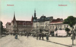 Kolozsvár, Cluj; Széchenyi tér, piac, Vlad János üzlete, gyógyszertár. Lehota Anna kiadása / square, market, shop, pharmacy