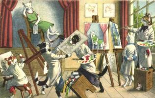 Cat students at the painting class, painter cat. Alfred Mainzer, Max Künzli No. 4759. (ragasztónyomok / glue marks)