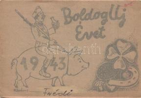1943 Boldog Újévet! Tábori postai levelezőlap / WWII Hungarian military field post, New Year greeting (apró szakadás / tiny tear)
