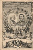 Viribus Unitis propaganda card. Franz Joseph and Charles I of Austria, House of Habsburg, coat of arms s: Charles Scolik + K.u.K. Husarenregiment Graf Nádasdy No. 9. Reserveskadre (ázott sarok / wet corner)