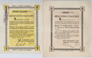 Budapest 1923. június Baróti Szeszfinomitó-, Likőr- és Rumgyár Részvénytársaság tíz részvényutalványa, egyenként 200K-ról, szárazpecséttel, bélyegzéssel és tintás aláírással + 1923. október Baróti Szeszfinomitó-, Likőr- és Rumgyár Részvénytársaság tíz részvényutalványa, egyenként 200K-ról, szárazpecséttel és tintás aláírással T:II