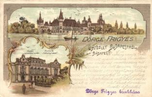 Budapest, Történelmi csoport, Vigadó, Dörge Frigyes bankházának reklámjával. Prestele & Friedrichs. Art Nouveau, litho