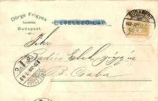 Budapest, Történelmi csoport, Vigadó, Dörge Frigyes bankházának reklámjával. Prestele & Friedric...