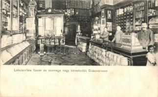 Szászváros, Broos, Orastie; Lobstein-féle fűszer és csemege nagykereskedés, belső eladókkal. Adler fényirda / shop interior with workers (fa)