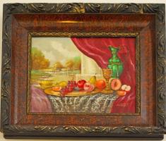 Miklós jelzéssel: Asztali csendélet. Olaj, karton, keretben, 25×33 cm