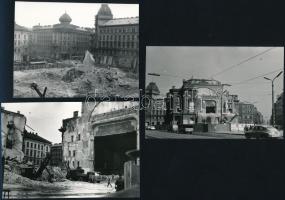 cca 1965 Budapest, a Nemzeti Színház bontása, 5 db vintage fotó, 10x6 cm és 9x13 cm + hozzáadva 1 db matricát a színházról, 6x8 cm