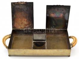 cca 1900 vadász témájú réz asztali szivartartó, csont fogókkal, kézzel színezett litográf képekkel, ...