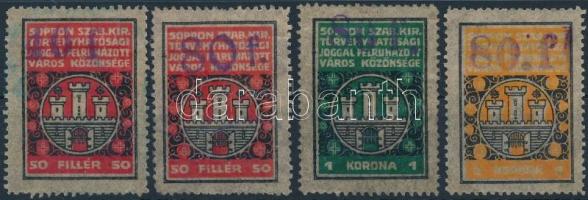 1927 Sopron illetékbélyeg 40f/50f, 80f/50f, 80f/1K, 80f/2K kék felülnyomással (29.000)