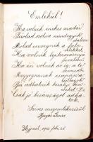 cca 1900 Emlékkönyv sok bejegyzéssel, réz lóherés bársony borítással