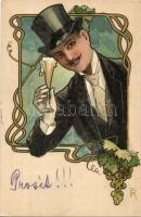 Gentleman with champagne. Art Nouveau greeting art postcard s: E. R.