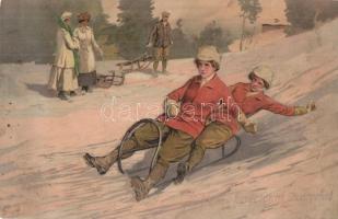 Sledding ladies. Meissner & Buch Künstler-Postkarten Serie 1800. Sport im Winter. litho (Rb)