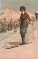 Skiing lady. Meissner & Buch Künstler-Postkarten Serie 1800. Sport im Winter. litho