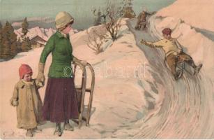 Sledding people. Meissner & Buch Künstler-Postkarten Serie 1800. Sport im Winter. litho
