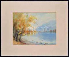 Lazetzky Stella (1924 - ) : Folyópart. Akvarell, papír, jelzett, paszpartuban, 31×42 cm