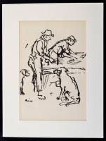 Rippl-Rónai József (1861-1927): Munkában, cinkográfia, papír, jelzett a cinkográfián, paszpartuban, ...