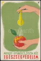cca 1965 Fischer Ilona (Filó) (1910-1986): Mosott gyümölcs, tiszta kéz Egészségvédelem, villamosplakát, szélén apró szakadással, 25x17 cm