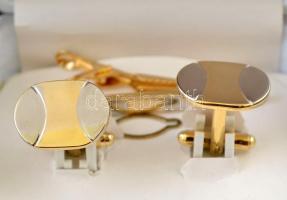 Aranyszínű fém mandzsettagomb pár, nyakkendőtűvel, eredeti dobozában