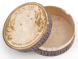 Díszes papír gyógyszeres doboz, "Gyógyszertár a koronához" Ócsa gyógyszertárból, d: 7,5 cm