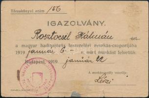 1919 A magyar hadihajózás műszaki alosztályának igazolása munkás állományba vételéről, bélyegzővel
