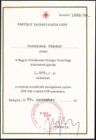 1989 a Magyar Vöröskereszt igazolása (pártoló tagsági igazolványa) a romániai menekültek támogatására küldött összegről, borítékkal