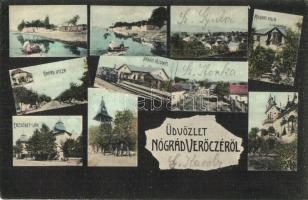 Nógrádverőce, mozaiklap: rajta többek között Madari villa, Erzsébet lak, Vasútállomás, Árpád utca, Duna part, kastély. Vavrik Géza kiadása (EK)