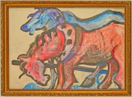 Scheiber jelzéssel: Lovacskák. Vegyes technika, vászon, keretben, 34×25 cm