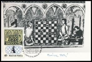 1974 XXI. Sakkolimpiáról küldött képeslapok, rajtuk magyar sakk nagymesterek aláírásai, többek közt ...