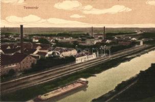 Temesvár, Timisoara; látkép a folyó felől, uszály, vasúti sínek, gyári rész. Galambos és Fenyő kiadása / view from the river, barge, railway tracks, factory - képeslapfüzetből / from postcard booklet