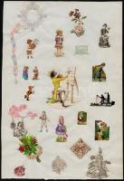 cca 1900 Préselt képek, gyűjtőképek, matricák, közte sok dombornyomású, vegyes témában és állapotban...