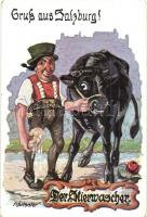 Salzburg, Der Stierwascher / bull washer. Austrian folklore art postcard s: Fißlthaler (EK)