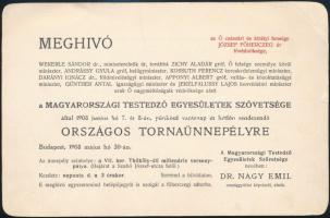 1908 a Magyarországi Testedző Egyesületek Szövetsége meghívója országos tornaünnepélyre