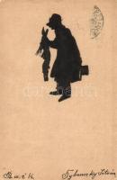 Hunter with rabbit. Hand-painted silhouette art postcard (EK)