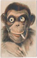 Monkey smoking a cigarette with moving eyes. mechanical postcard (EK)