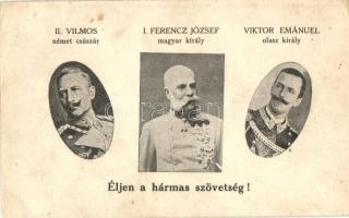 Éljen a hármas szövetség! II. Vilmos, I. Ferenc József, Viktor Emánuel / Triple Alliance propaganda card; Wilhelm II, Franz Joseph, Victor Emmanuel III of Italy (EK)