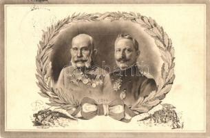 Viribus Unitis military propaganda card, Wilhelm II, Franz Joseph + 1916 IV. Károly koronázása napján feladva (EK)