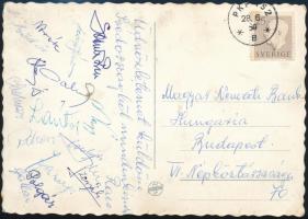 1969 Magyar labdarúgók (Szőcs János, Polgár, Faragó, stb.) aláírásai Svédországból küldött levelezőlapon