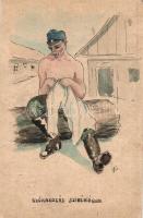 Szórakozás Szibériában. Kézzel rajzolt első világháborús katonai művészlap / WWI K.u.k. military hand-drawn art postcard, artist signed