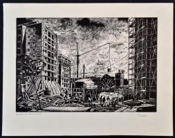 Palkó József (1919-2004): Kecskeméti Leninváros, linó, papír, jelzett, 20×30 cm