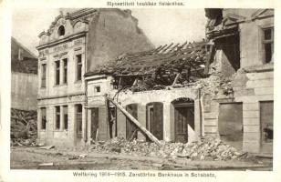 Sabac, Szabács, Schabatz; Weltkrieg 1914-1915, Zerstörtes Bankhaus / WWI damaged bank, ruins (ázott sarok / wet corner)