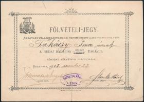 1902 Bp., Felvételi jegy a Budai Dalárdába, hajtott, szakadással