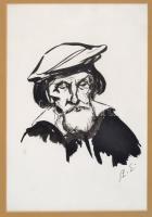 Szász Endre (1926-2003): Idős mester. Tus, papír, jelzett (Sz.E), üvegezett keretben, 27×17 cm