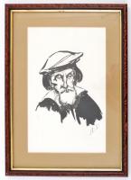 Szász Endre (1926-2003): Idős mester. Tus, papír, jelzett (Sz.E), üvegezett keretben, 27×17 cm