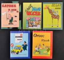 Vegyes könyvtétel, 5 db A legjobb állat viccek. Katona viccek. Állat viccek. Rendőr viccek. Orvos viccek. Bp., é.n. Könyvkuckó-Tyrannosaurus. Kiadói papírkötés.